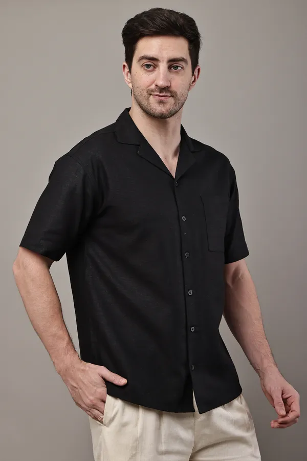 Black_Premium_Linen_Short_Sleeve_Casual_Shirt_For_Men