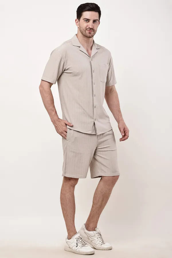 Beige_Premium_Texture_Polyester_Short_Sleeve_Shirt_And_Shorts_Co-Ord_Set_For_Men