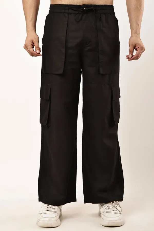 Black_Premium_Linen_Cargo_Pants_For_Men