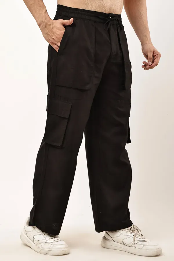 Black_Premium_Linen_Cargo_Pants_For_Men