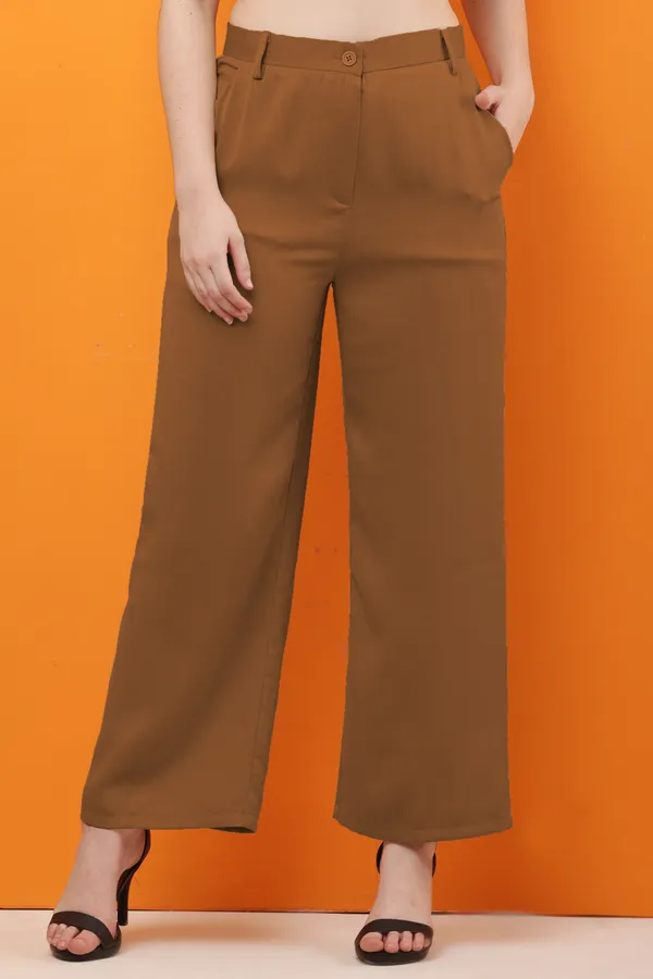 Brown_Premium_Polyester_Wide_Leg_Formal_Trousers_For_Women