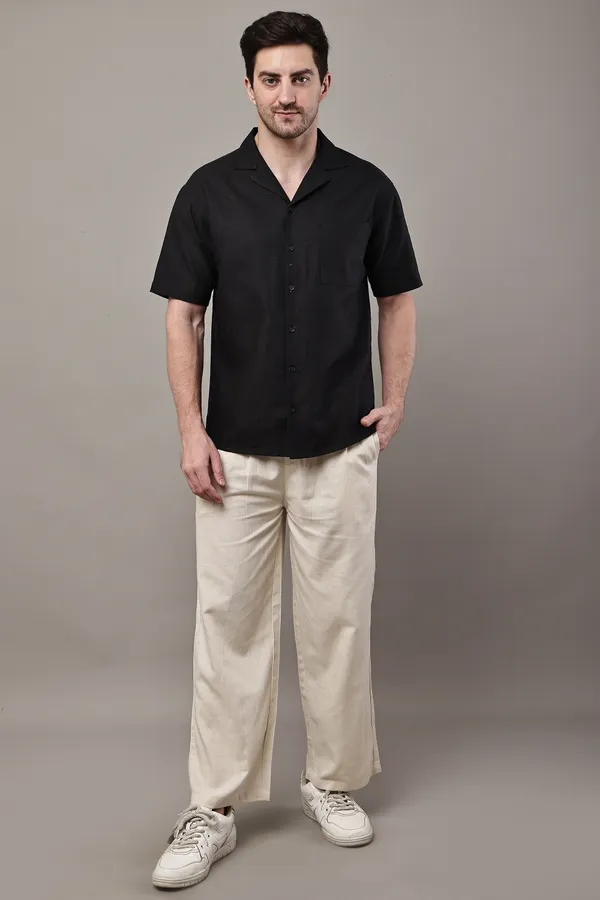 Black_Premium_Linen_Short_Sleeve_Casual_Shirt_For_Men