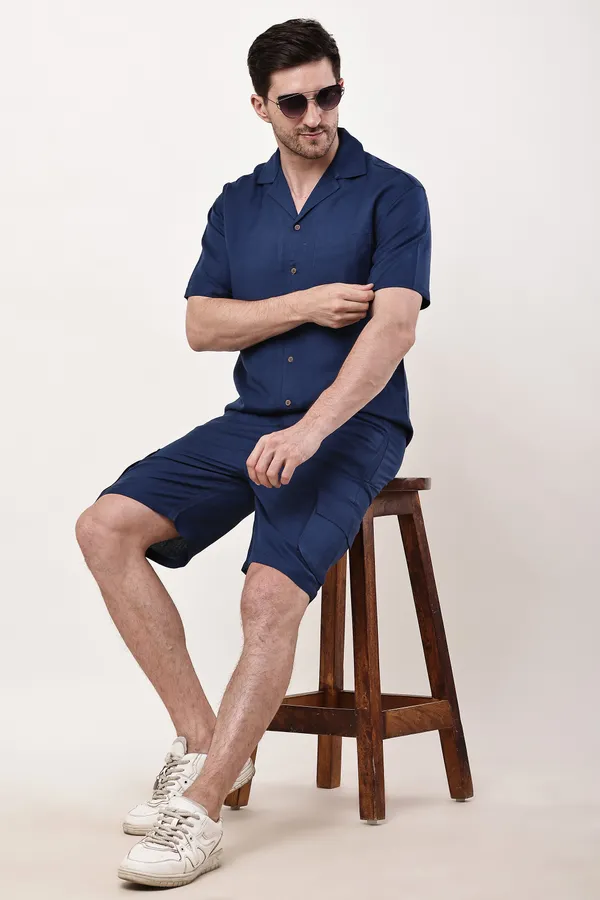 Navy_Blue_Premium_Linen_Short_Sleeve_Shirt_And_Cargo_Shorts_Set_For_Men