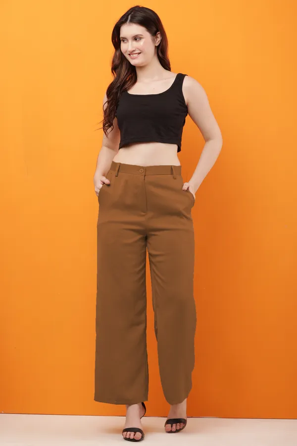 Brown_Premium_Polyester_Wide_Leg_Formal_Trousers_For_Women