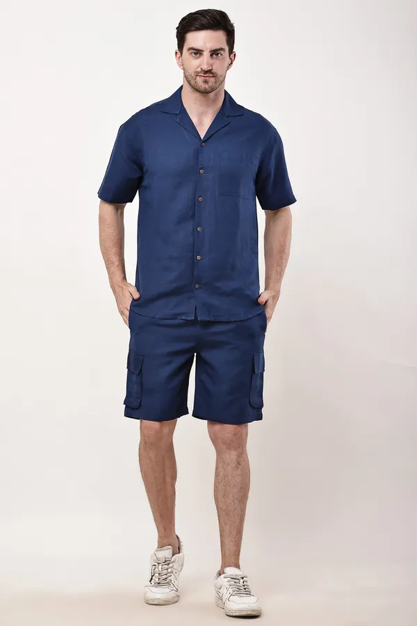 Navy_Blue_Premium_Linen_Short_Sleeve_Shirt_And_Cargo_Shorts_Set_For_Men