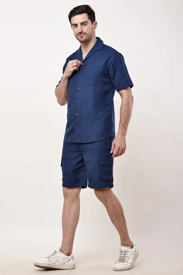 Navy_Blue_Premium_Linen_Short_Sleeve_Shirt_And_Cargo_Shorts_Set_For_Men