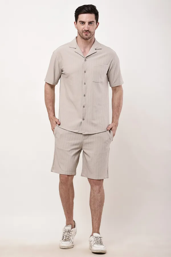 Beige_Premium_Texture_Polyester_Short_Sleeve_Shirt_And_Shorts_Co-Ord_Set_For_Men