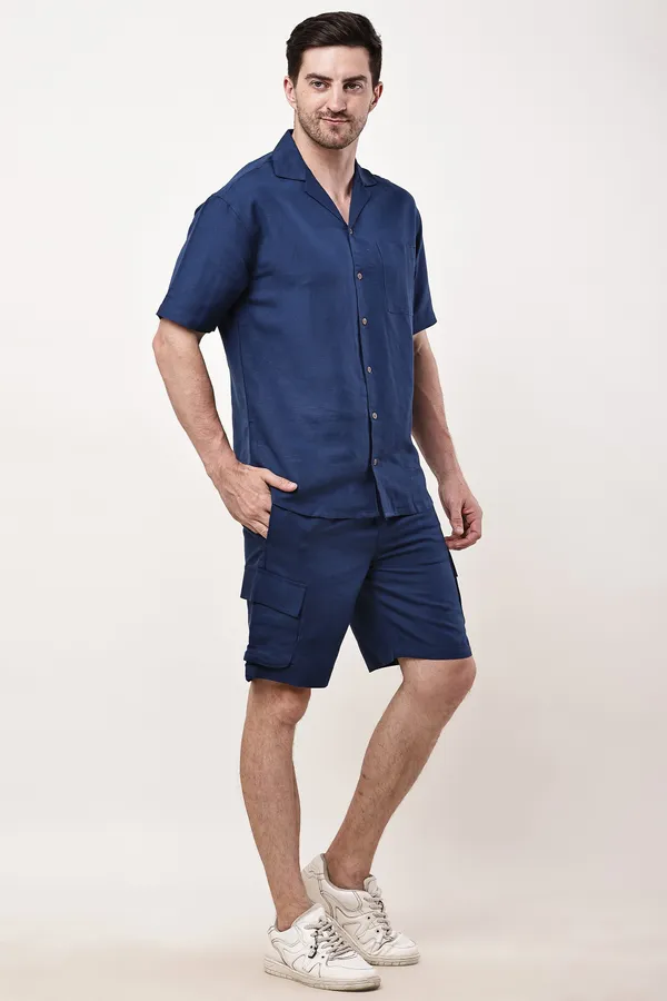 Navy_Blue_Premium_Linen_Short_Sleeve_Shirt_And_Cargo_Shorts_Set_For_Men