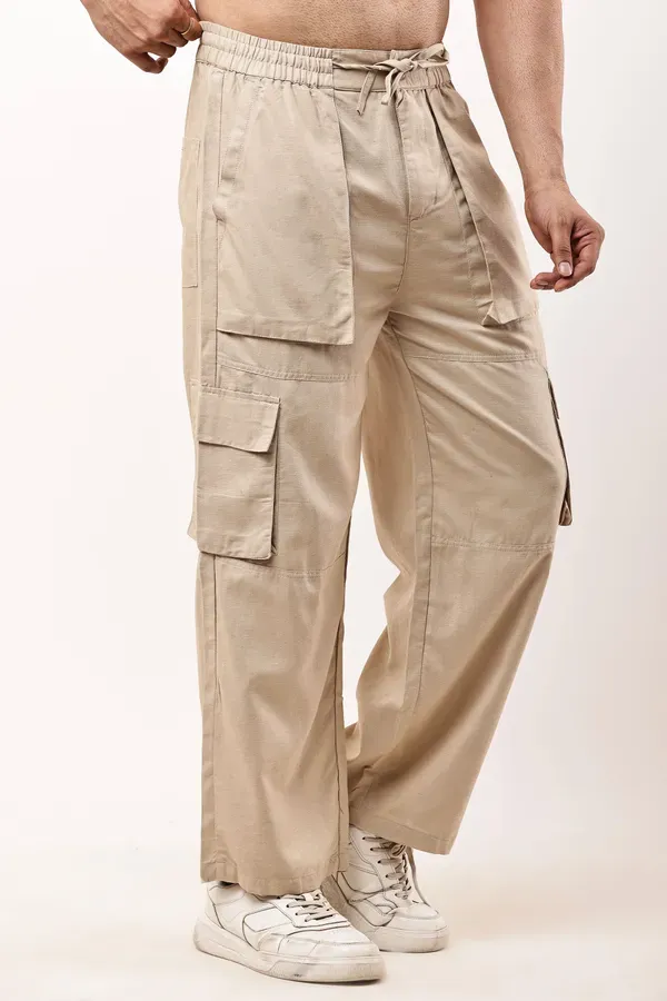 Beige_Premium_Linen_Cargo_Pants_For_Men