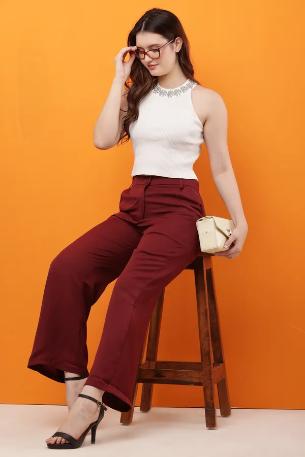 Maroon_Premium_Polyester_Formal_Wide_Leg_Trousers_For_Women