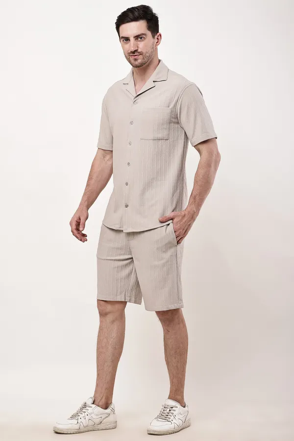 Beige_Premium_Texture_Polyester_Short_Sleeve_Shirt_And_Shorts_Co-Ord_Set_For_Men