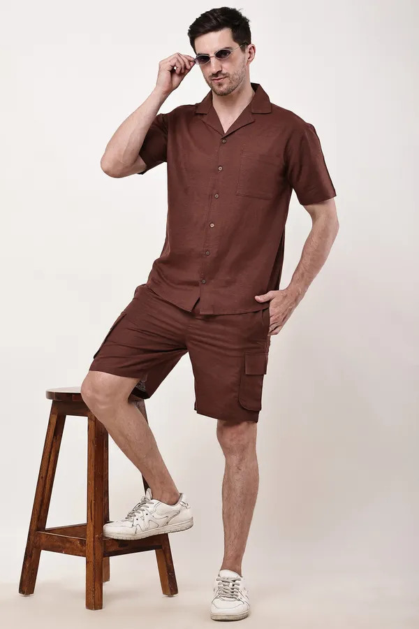 Brown_Premium_Linen_Short_Sleeve_Shirt_And_Shorts_Co-Ord_Set_For_Men