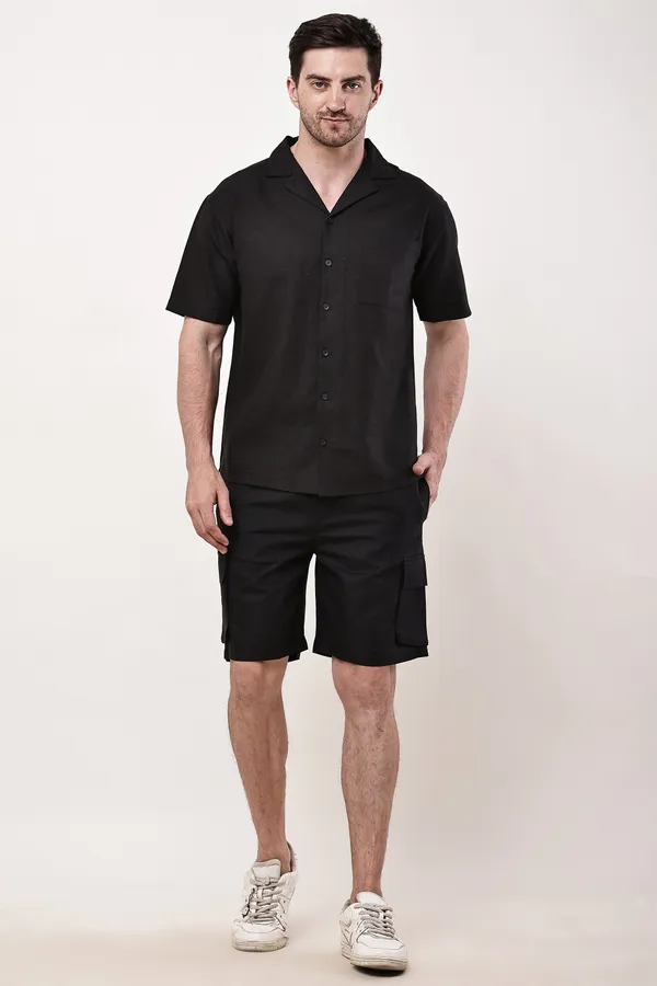Black_Premium_Linen_Short_Sleeve_Shirt_And_Cargo_Shorts_Set_For_Men