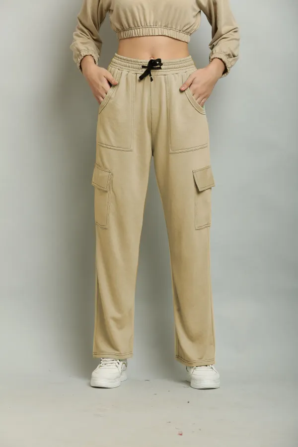 Beige_Premium_Cotton_And_Polyester_Cargo_Pants_For_Women