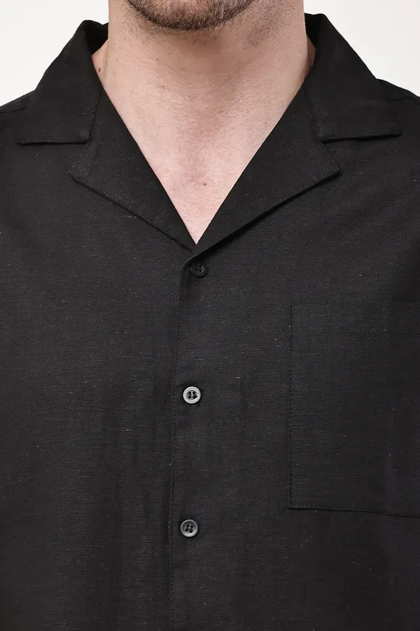 Black_Premium_Linen_Short_Sleeve_Shirt_And_Cargo_Shorts_Set_For_Men