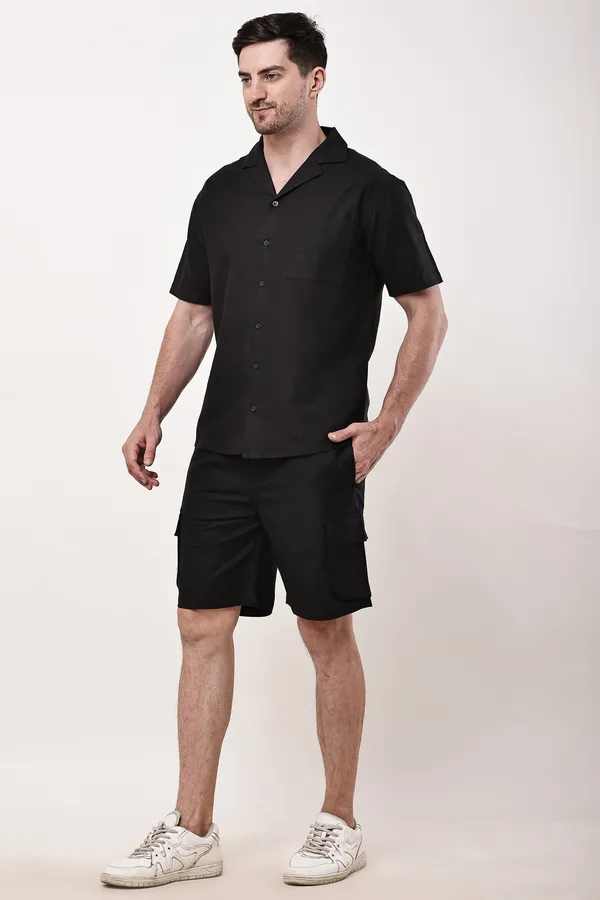 Black_Premium_Linen_Short_Sleeve_Shirt_And_Cargo_Shorts_Set_For_Men