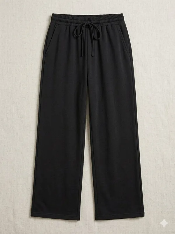 Black_Premium_Cotton_French_Terry_Wide_Leg_Drawstring_Pants_For_Women