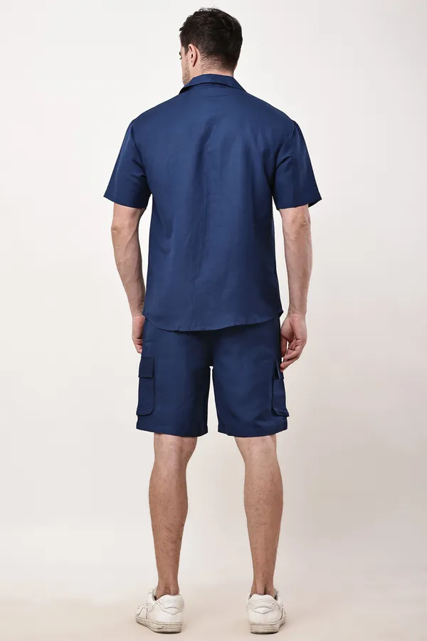 Navy_Blue_Premium_Linen_Short_Sleeve_Shirt_And_Cargo_Shorts_Set_For_Men