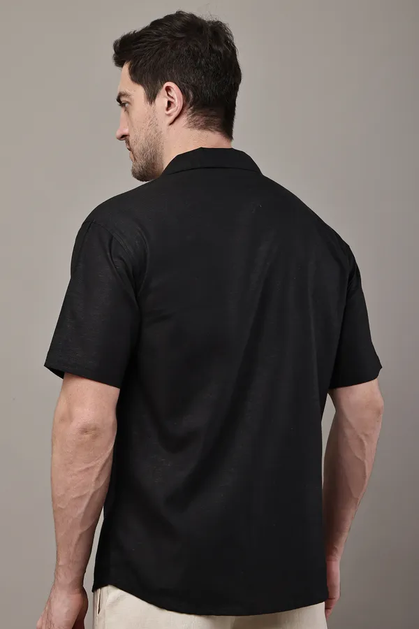 Black_Premium_Linen_Short_Sleeve_Casual_Shirt_For_Men