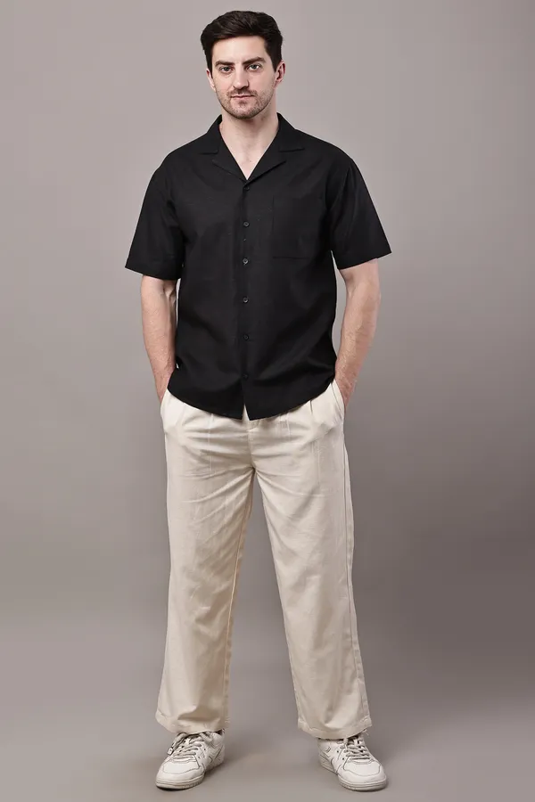 Black_Premium_Linen_Short_Sleeve_Casual_Shirt_For_Men