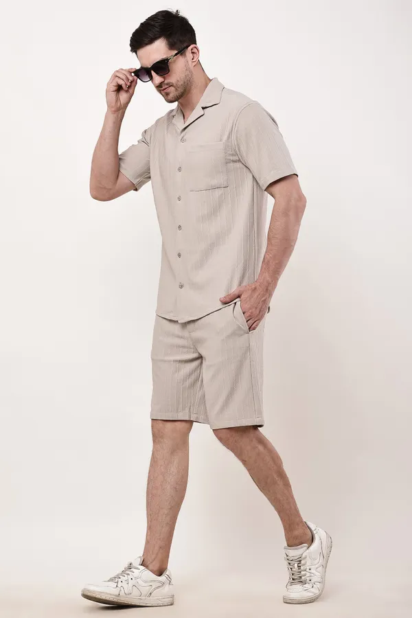 Beige_Premium_Texture_Polyester_Short_Sleeve_Shirt_And_Shorts_Co-Ord_Set_For_Men