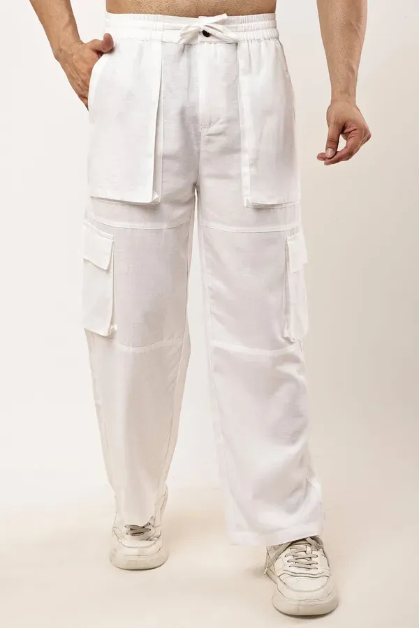 White_Premium_Linen_Cargo_Pants_For_Men