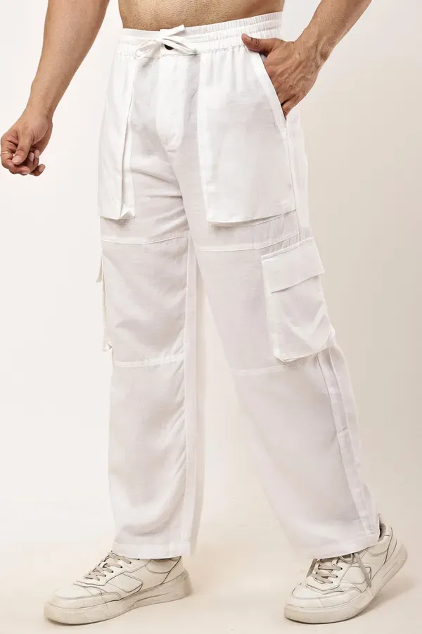 White_Premium_Linen_Cargo_Pants_For_Men