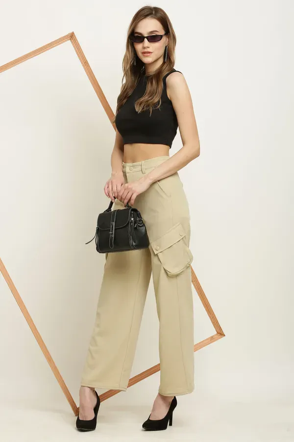 Beige_Premium_Lycra_And_Polyester_Cargo_Pants_For_Women