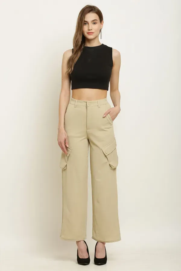 Beige_Premium_Lycra_And_Polyester_Cargo_Pants_For_Women