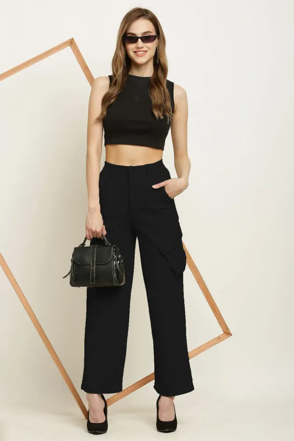 Black_Premium_Cotton_And_Polyester_Cargo_Pants_For_Women