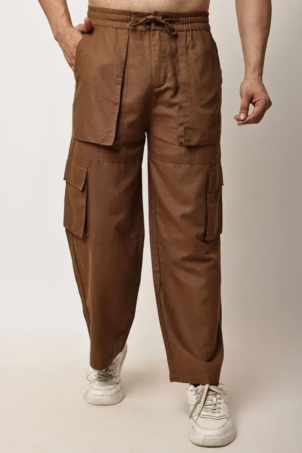 Brown_Premium_Linen_Cargo_Pants_For_Men