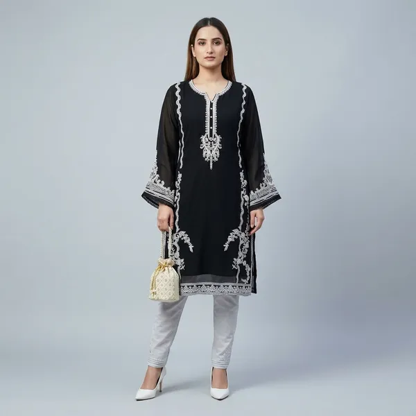 Black_Georgette_Chikankari_Embroidered_Straight_Kurta_For_Women