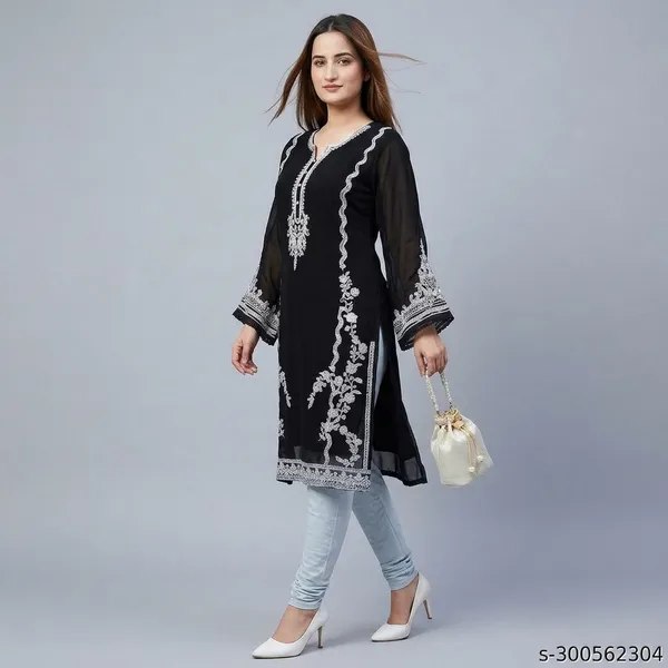 Black_Georgette_Chikankari_Embroidered_Straight_Kurta_For_Women