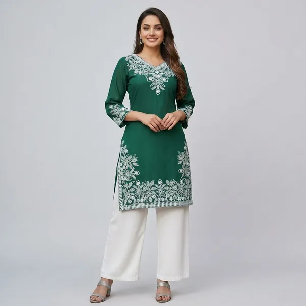 Green_Georgette_Three-Quarter_Sleeve_Kurta_Set_For_Women