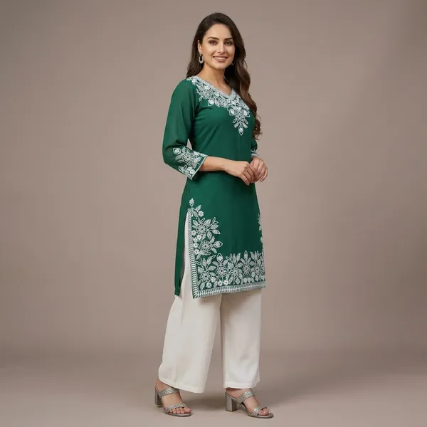 Green_Georgette_Three-Quarter_Sleeve_Kurta_Set_For_Women