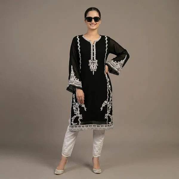 Black_Georgette_A-Line_Floral_Kurta_Set_With_Legging_For_Women