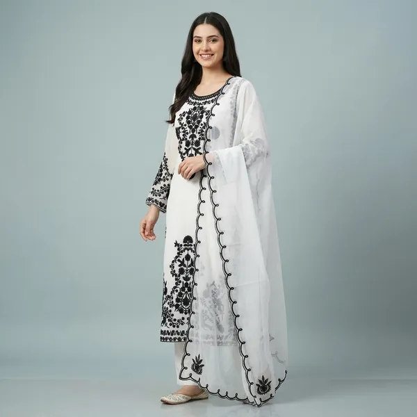 White_Georgette_Embroidered_Kurta_Set_For_Women