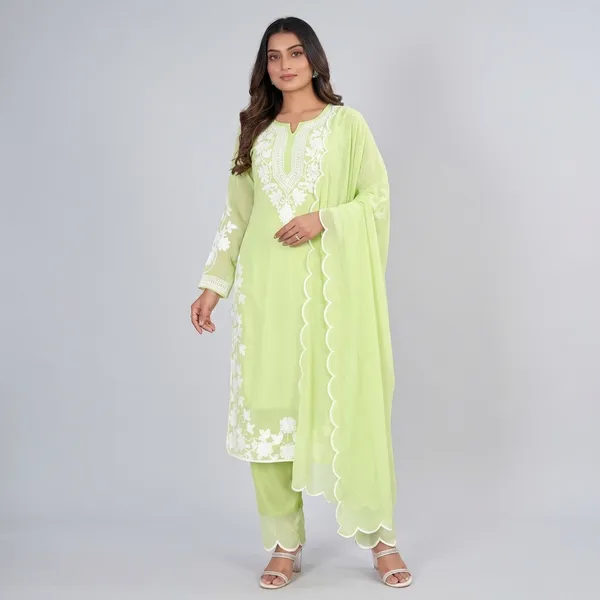 Green_Georgette_Chikankari_Embroidered_Kurta_Pant_Set_With_Dupatta_For_Women