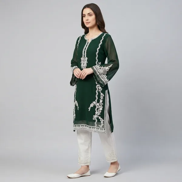 Green_Georgette_Floral_Embroidered_Pakistani_Kurta_Set_For_Women