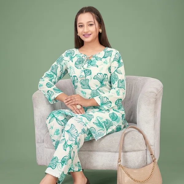 Green_White_Georgette_Printed_Crop_Top_Co-Ord_Set_For_Women