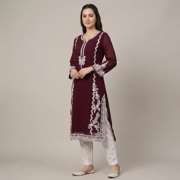 Maroon_Georgette_A-Line_Floral_Kurta_Set_With_Pants_For_Women