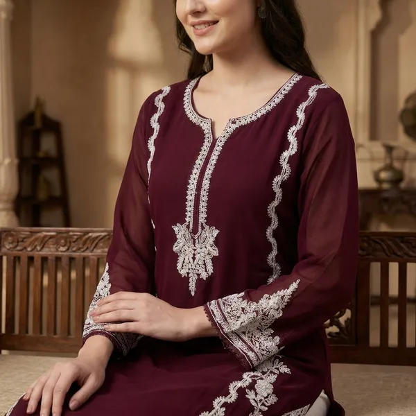 Maroon_Georgette_A-Line_Floral_Kurta_Set_With_Pants_For_Women