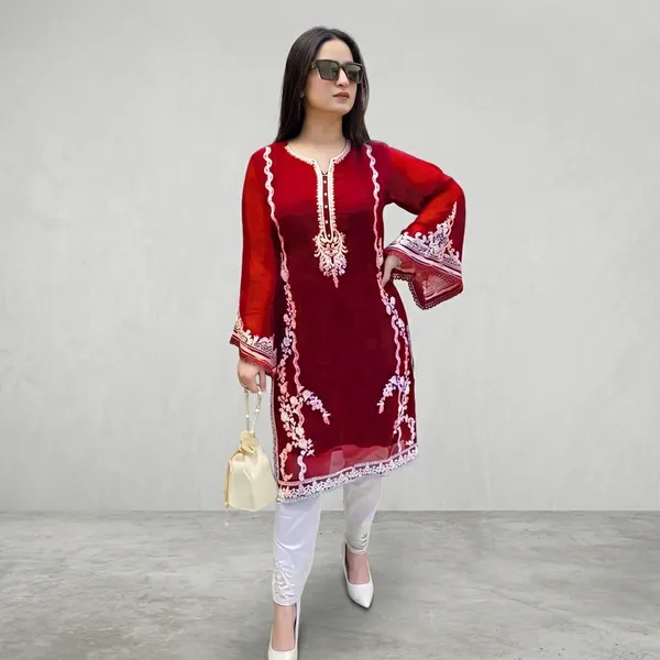 Red_Georgette_Embroidered_A-Line_Kurta_Set_For_Women