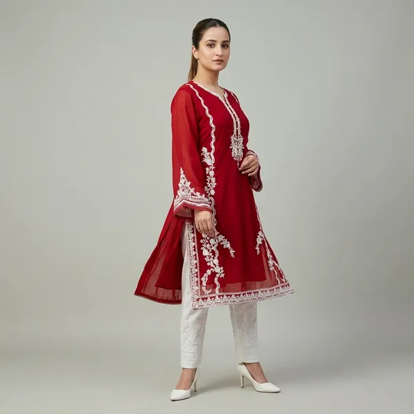 Red_Georgette_Embroidered_A-Line_Kurta_Set_For_Women