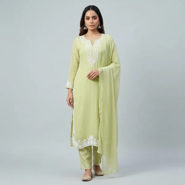 Green_Georgette_Chikankari_Straight_Kurta_Set_With_Dupatta_For_Women