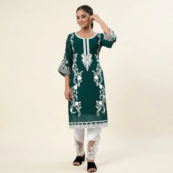 Green_Georgette_A-Line_Floral_Kurta_Set_With_Pants_For_Women