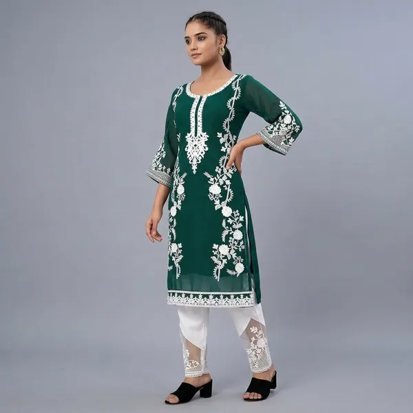 Green_Georgette_A-Line_Floral_Kurta_Set_With_Pants_For_Women