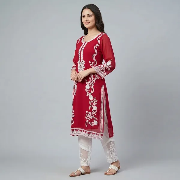 Red_Georgette_A-Line_Botanical_Print_Co-Ord_Set_For_Women