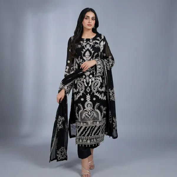 Black_Georgette_Straight_Kurta_Pant_Set_For_Women