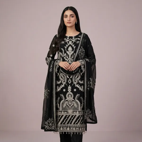 Black_Georgette_Straight_Kurta_Pant_Set_For_Women